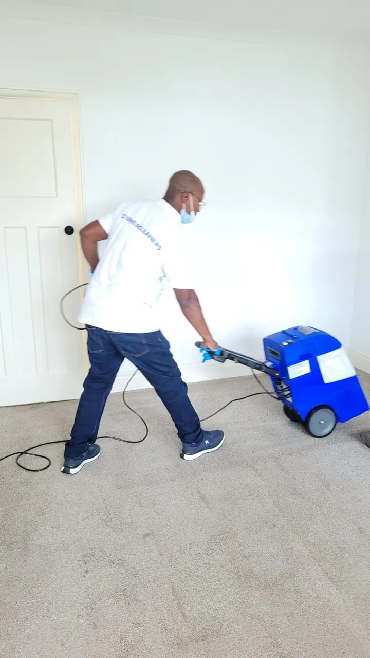 Diviner Cleaners team member deep-cleaning a carpet with a professional machine