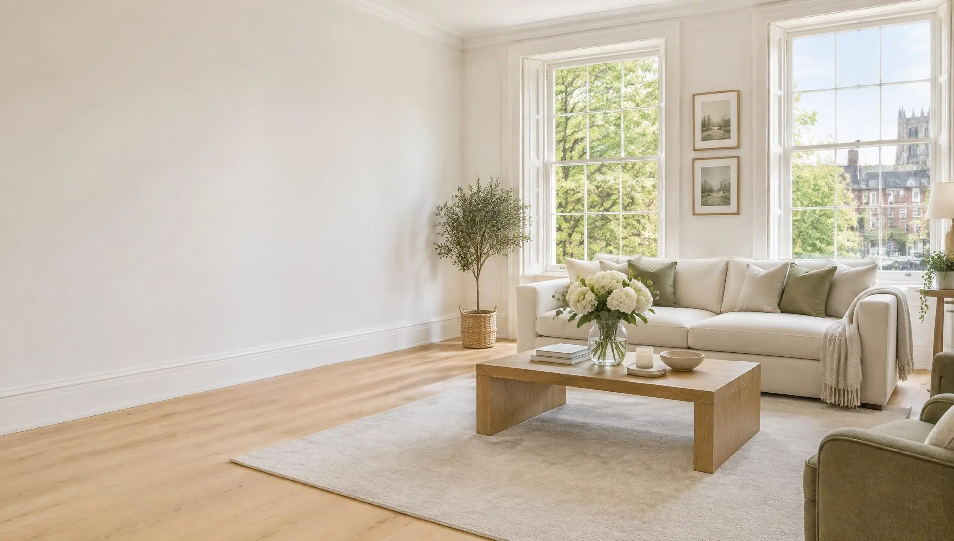 Bright, carefully styled living room with a cream sofa, oak table and fresh flowers — illustrative photograph