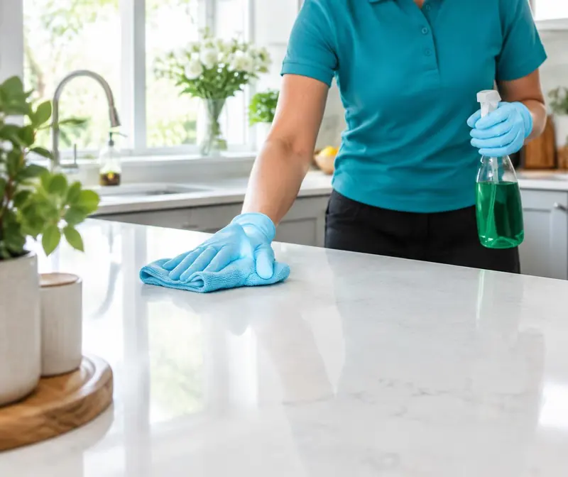 Cleaner carefully wiping a kitchen worktop with a microfibre cloth — illustrative photograph, not the Diviner team